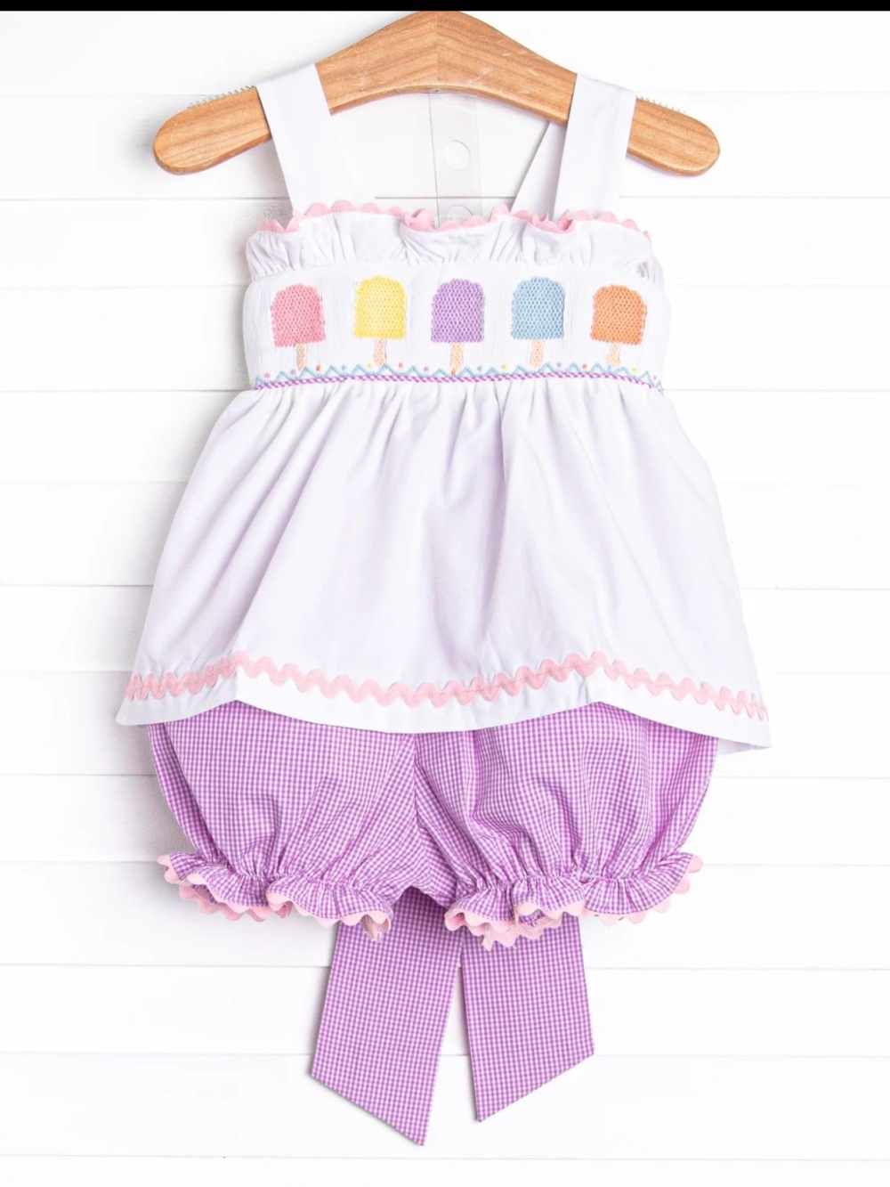 Girls White Smocked Popsicle Tank & Lavender Gingham Bloomers Matching Set